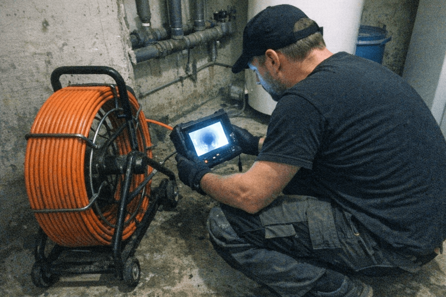 Mitarbeiter überprüft Monitor bei einer TV-Inspektion