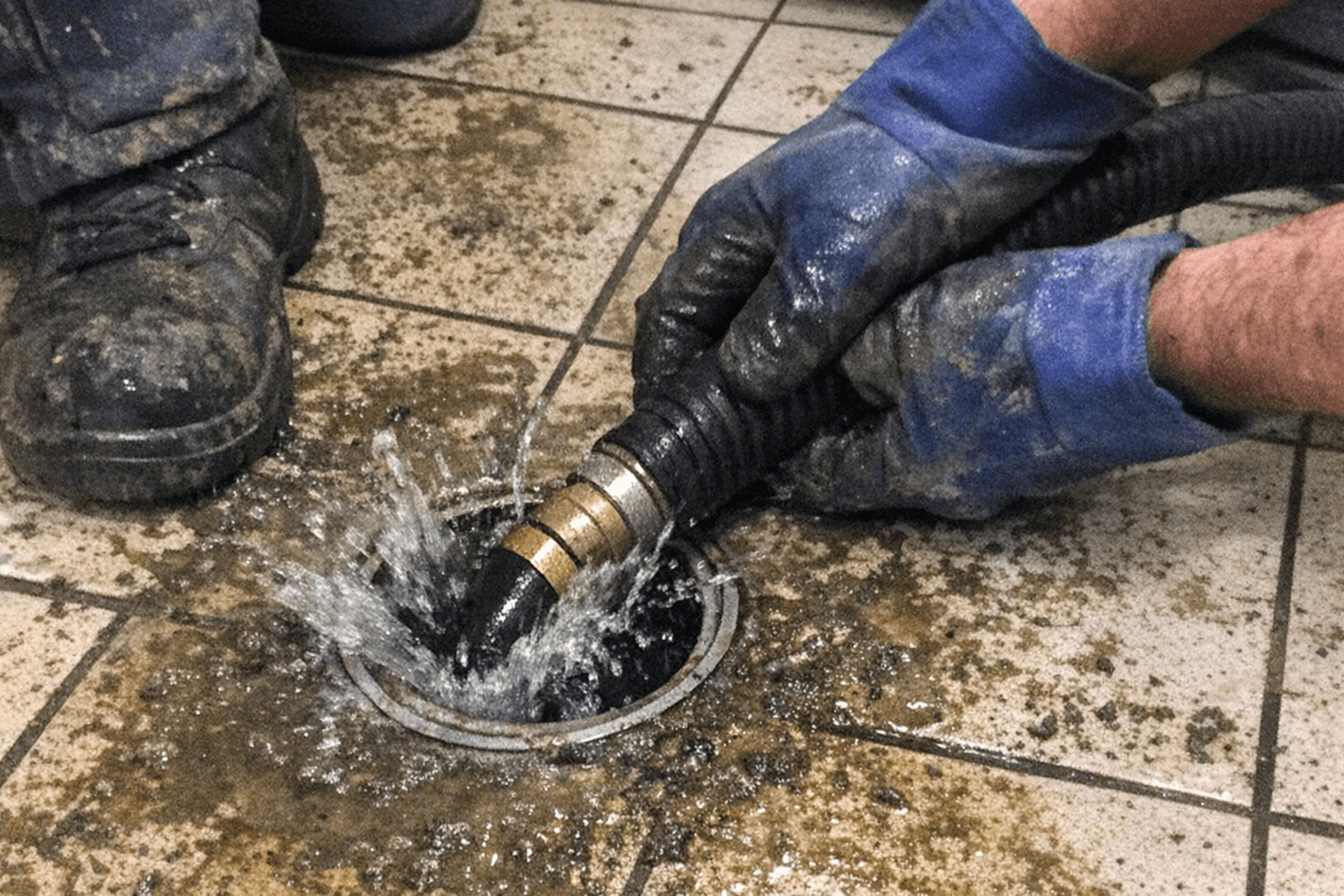 Hochdruckschlauch im Einsatz bei einer Abflussreinigung