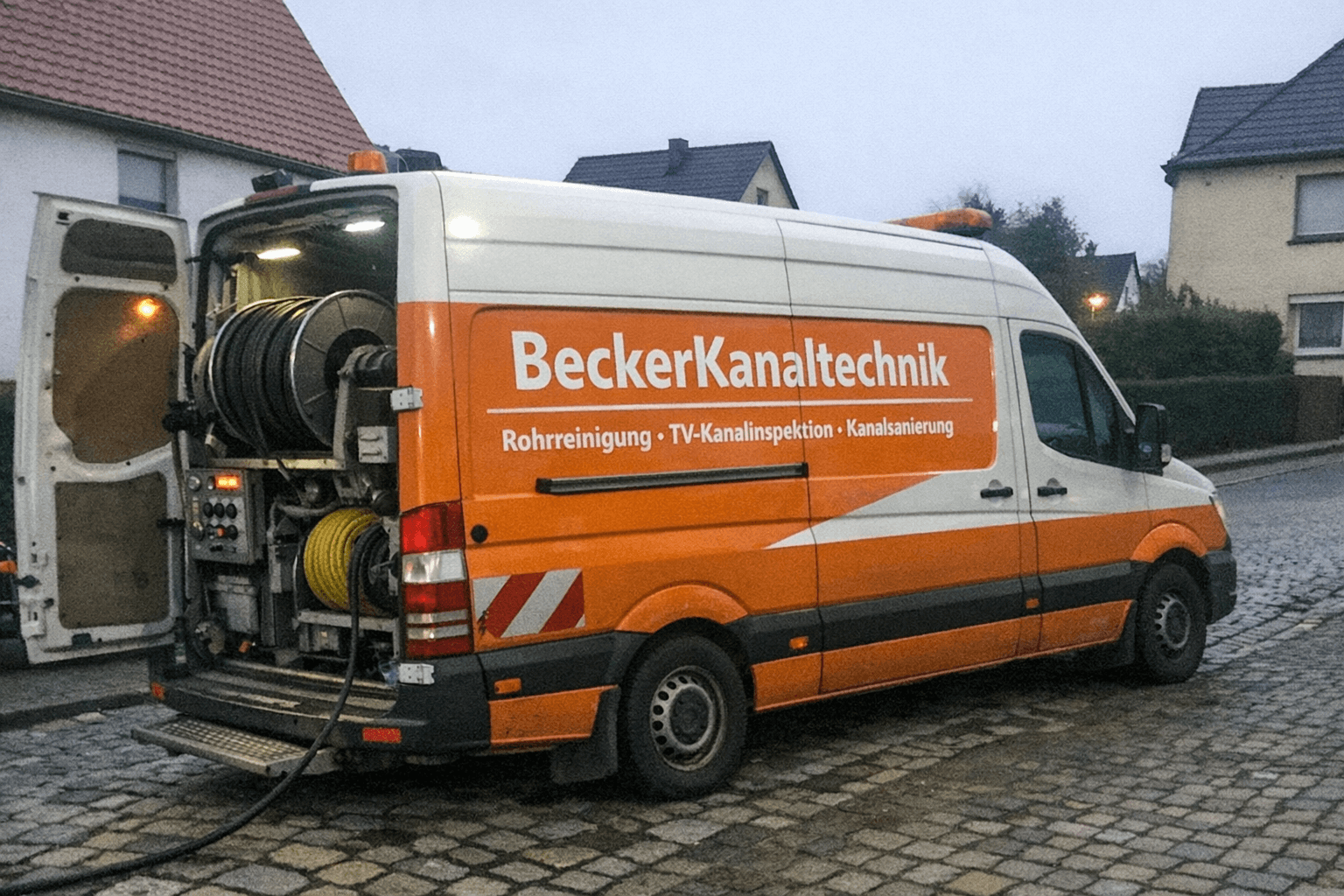 Spezialfahrzeug für Kanalreinigung vor einem Wohnhaus